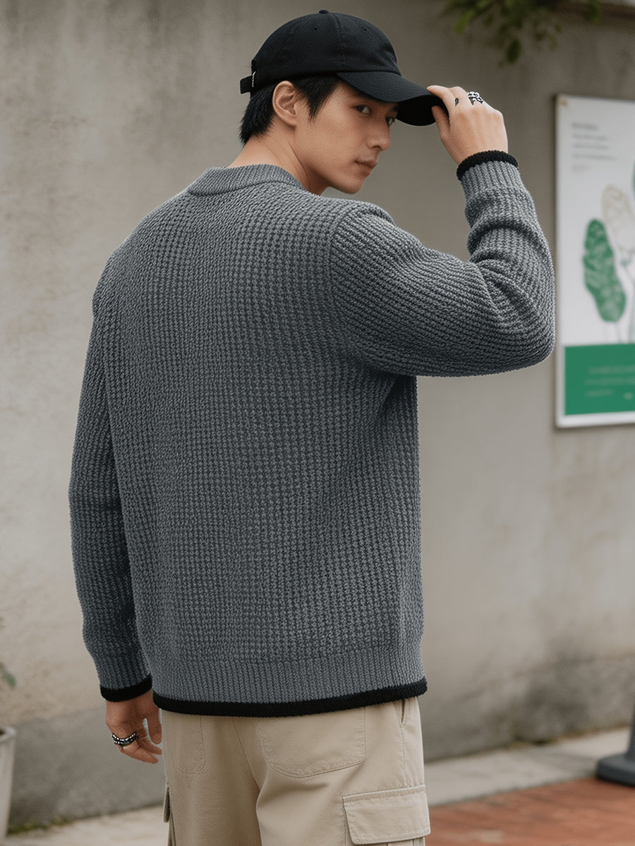 Autumn Winter Men'S Waffle Knit Round Neck Pullover Sweater, Faux Two-Piece Color Blocked Trim Long Sleeve Knit Top, Loose Drop Shoulder Warm Sweater, Suitable for Daily Commute Casual Wear - Charcoal