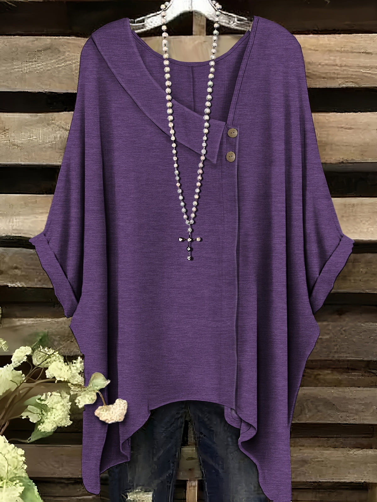 Plus Size - Plus Size - Fashionable New Polo with Buttons, Women'S Plus Size Short Sleeve T-Shirt, Unique Short Sleeves, Stylish Casual Women'S Wear, Loose Fit Clothing, Additions Not Included - Purple
