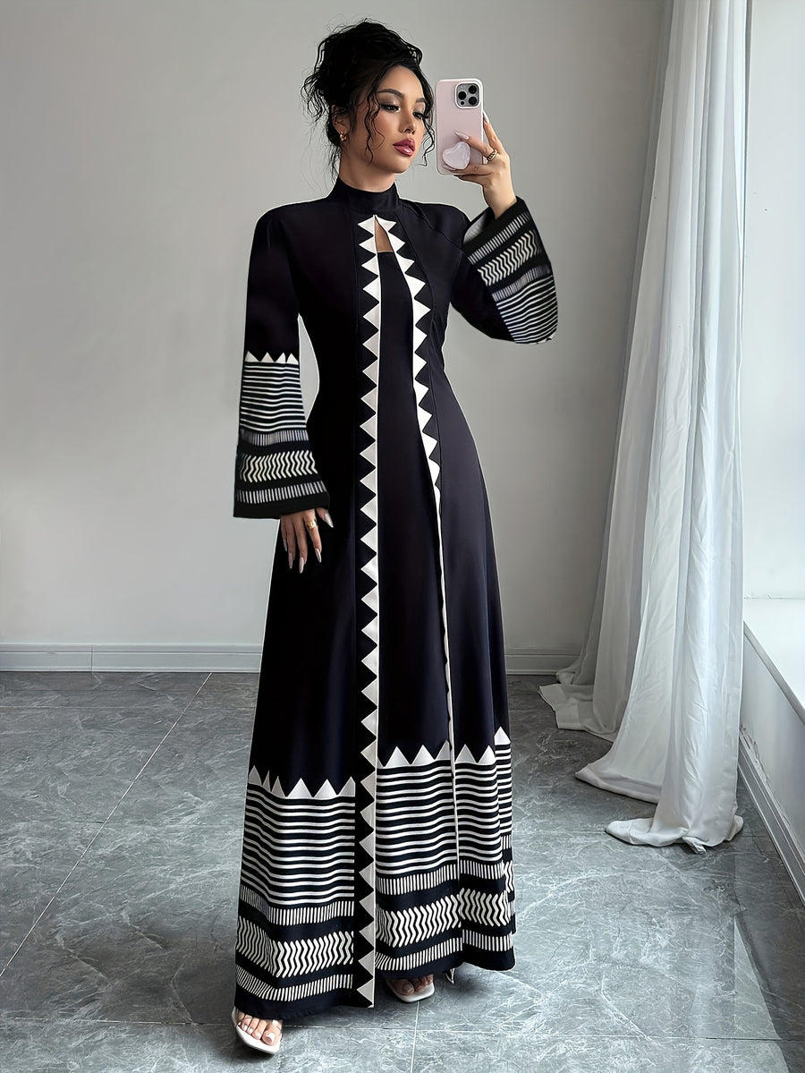 Fashionable Elegant Faux Two-Piece Fall/Winter New Floral Print Long Sleeve Maxi Dress - Dark Blue