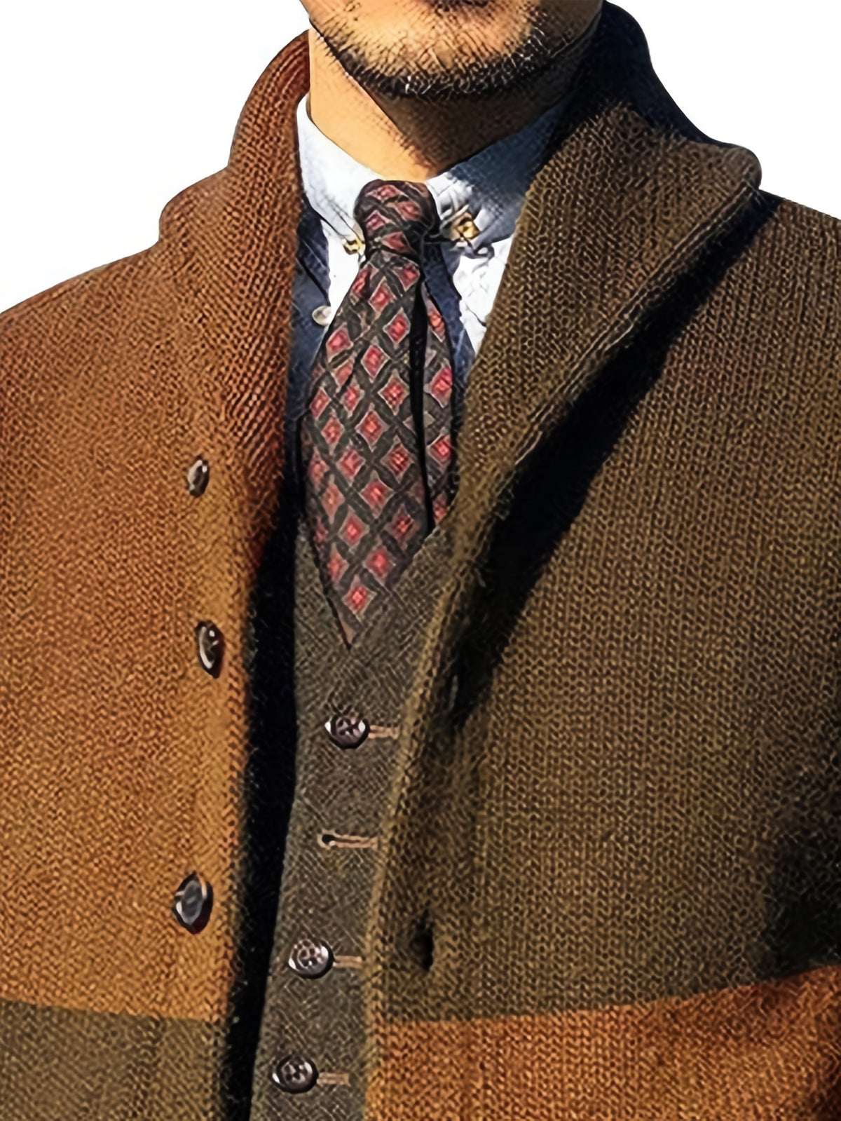 Men's Autumn and Winter New Style Lapel Single Breasted Cardigan Color Blocked Fashionable Casual Business Versatile Slim Fit Skin Friendly Comfortable Soft Warm Long Sleeved Pocket Durable Sports Vitality Simple Knitted Sweater - Coffee Brown