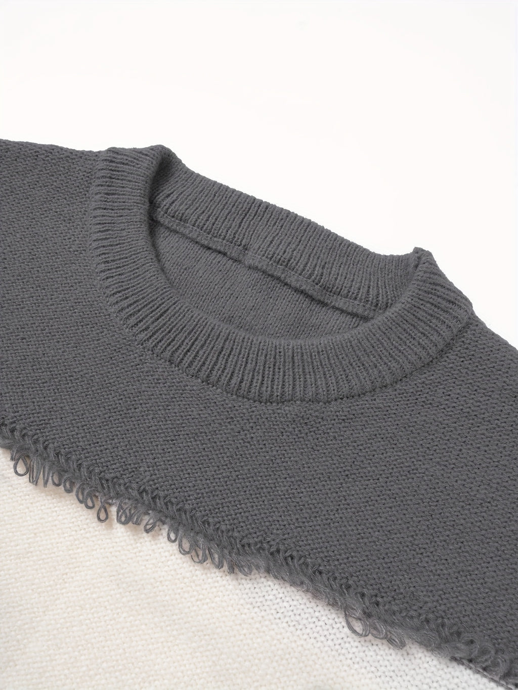 Men'S Color Block Fringe Sweater - Soft Knit Loose Fit Long Sleeve Winter Warmth - Grey
