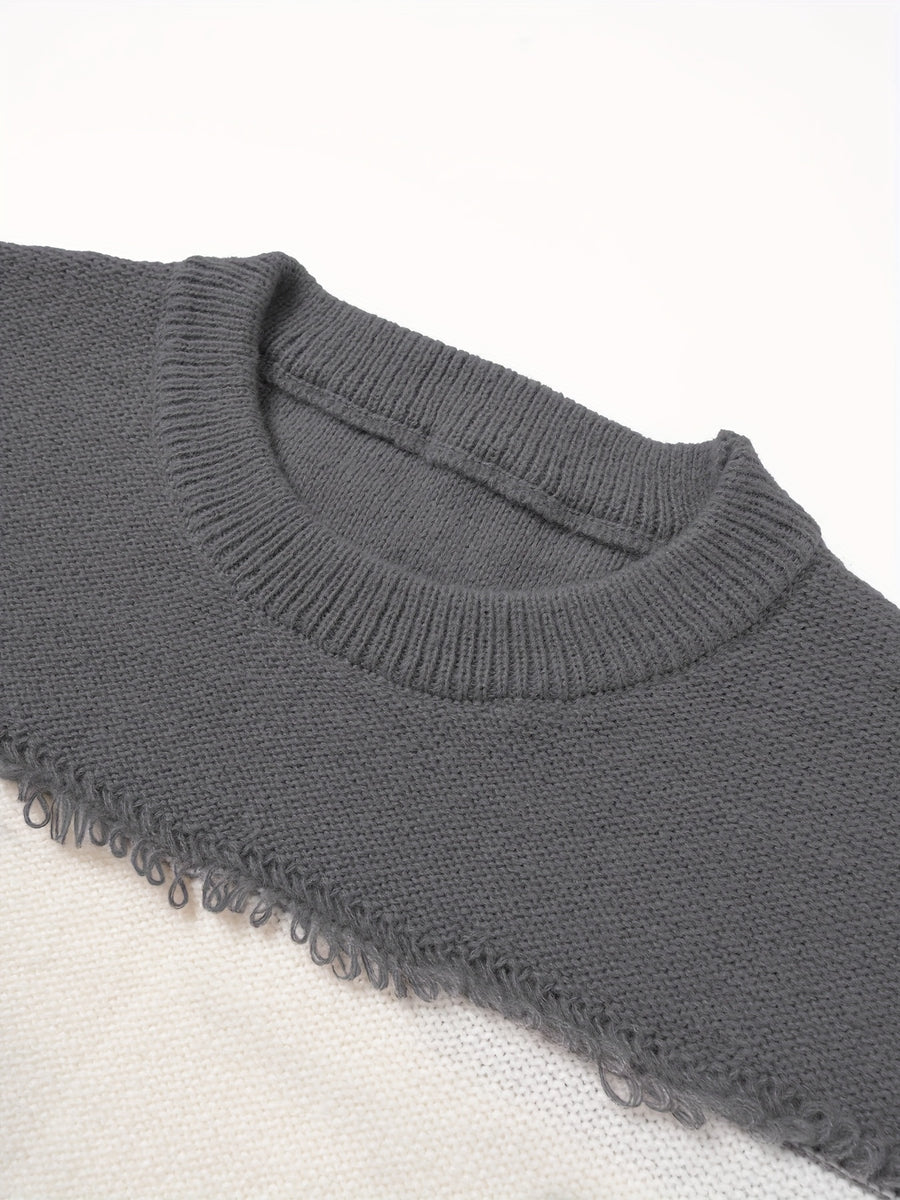 Men'S Color Block Fringe Sweater - Soft Knit Loose Fit Long Sleeve Winter Warmth - Grey