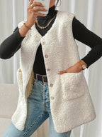 Women'S Double Pocket Button Front Plush Faux Vest Outerwear YY0611399 Light Northern Territory Orientation - Off-white