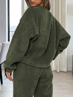 Women's Fashion Solid Color Round Neck Long Sleeve Top and Drawstring Pants Casual Two-Piece Set - Dark Green