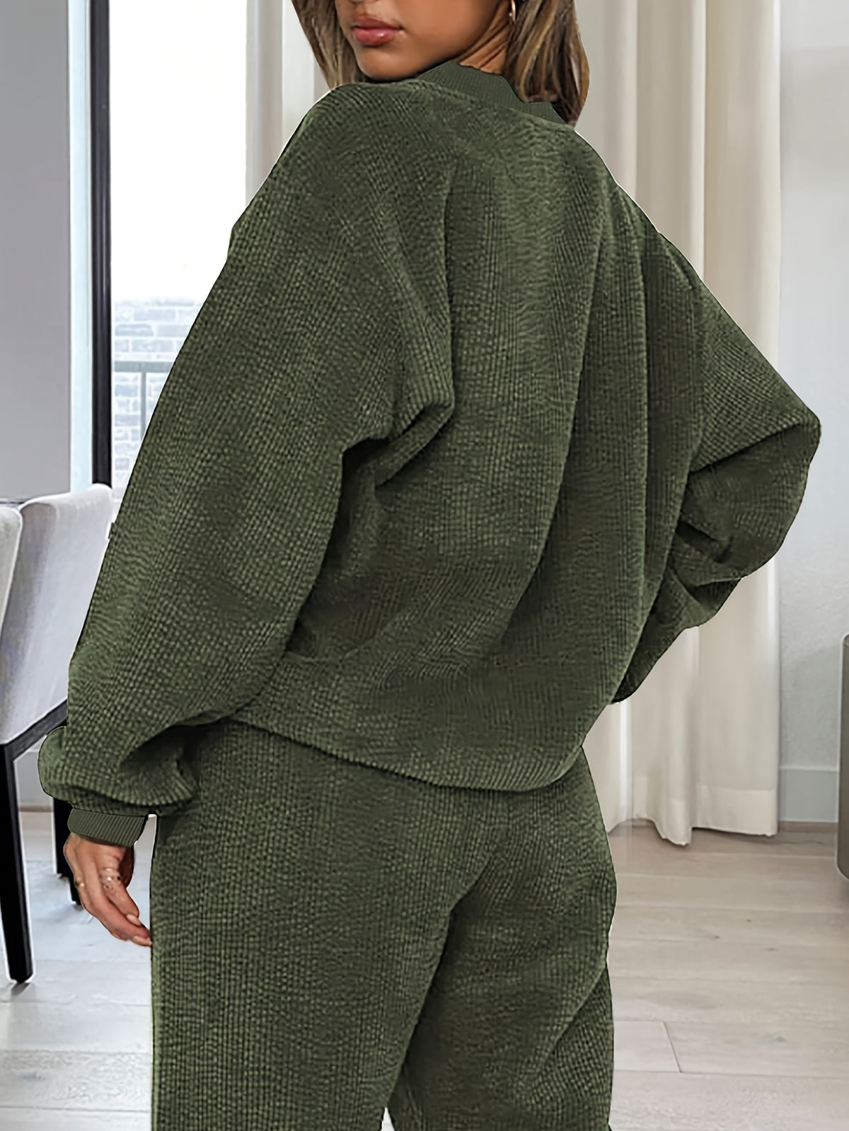 Women's Fashion Solid Color Round Neck Long Sleeve Top and Drawstring Pants Casual Two-Piece Set - Dark Green