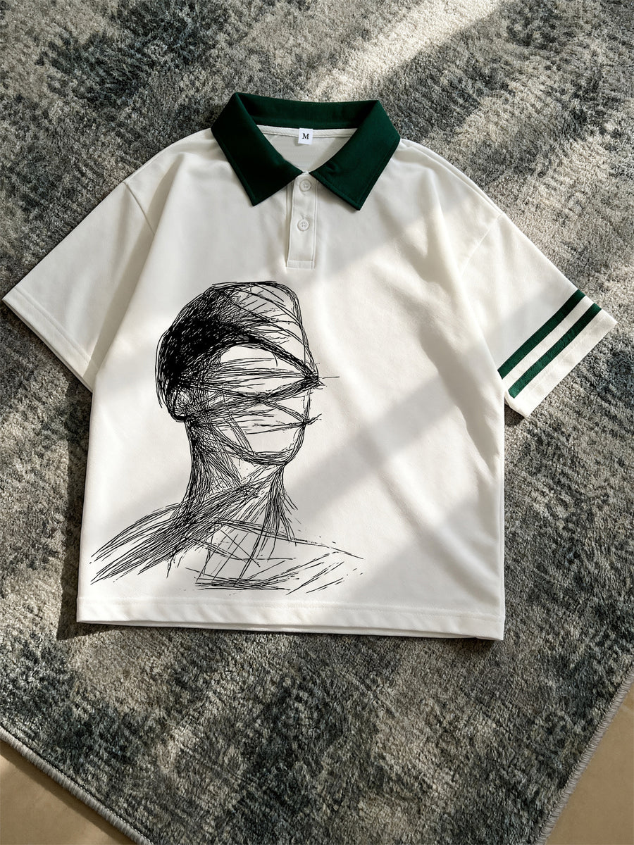 Men's New Polo Shirt, Black Base with Beige Contrast Collar, Double White Stripes on Cuffs, Abstract Line Portrait Print on Chest, Loose Fit, Artistic and Atmospheric, Suitable for Daily Casual and Commute. - Apricot