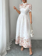Women's New Summer Elegant Printed Waist-Cinching Puff Sleeve Dress - White