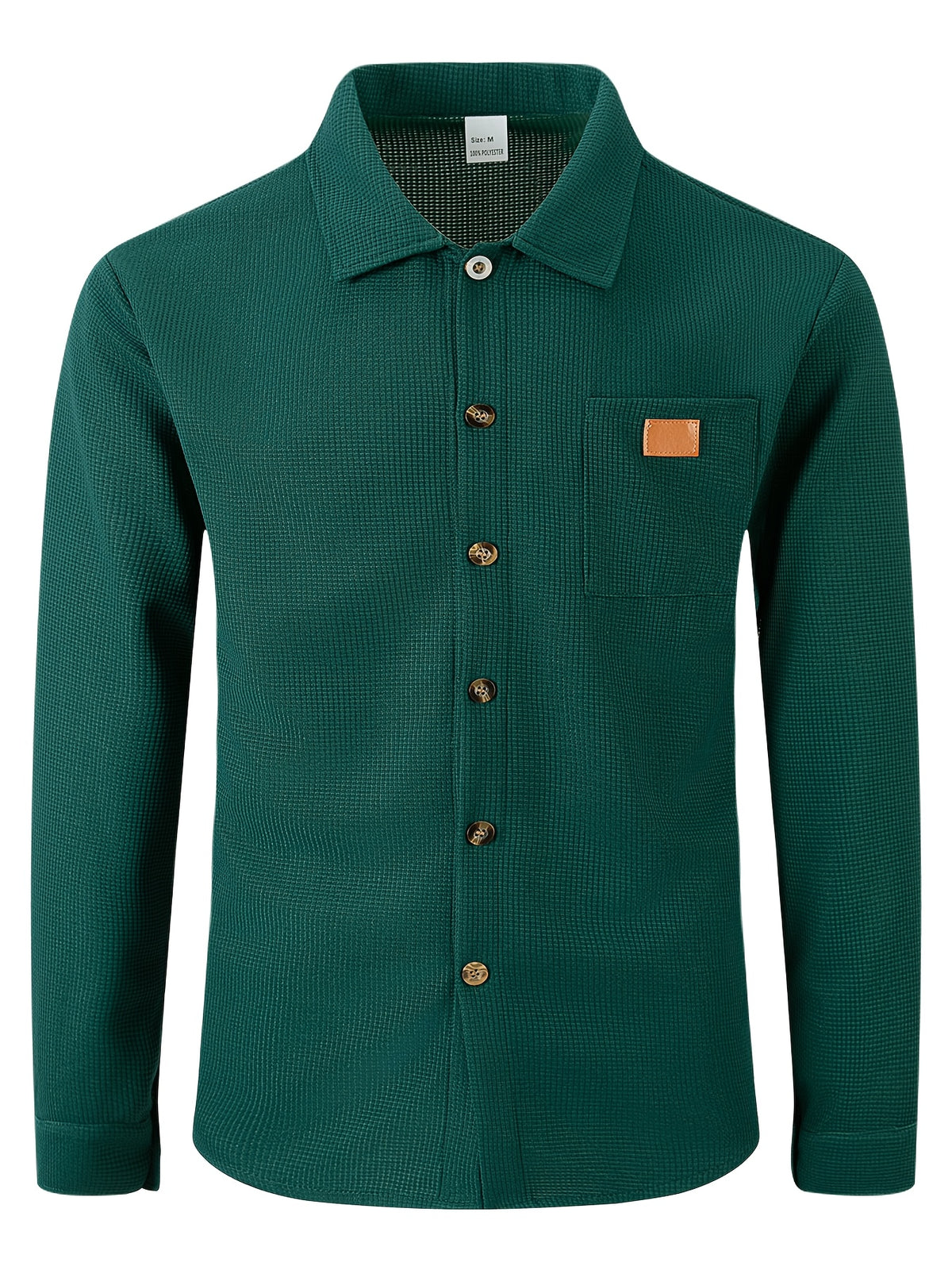 Men Fall Winter Waffle Knit Shacket, Long Sleeve Button Up Collared Shirt Jacket with Pocket, Casual Overshirt Outer Coat, Solid, Comfortable, Loose Fit - Dark Green