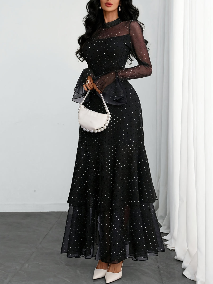Women'S Romantic Sexy Elegant Modern Polka Dot Printed Stand Collar, Waist Double Slit Multi-Layered Skirt Dress, Suitable for Dates, Vacations, And Casual Wear, Belt Not Included - Black