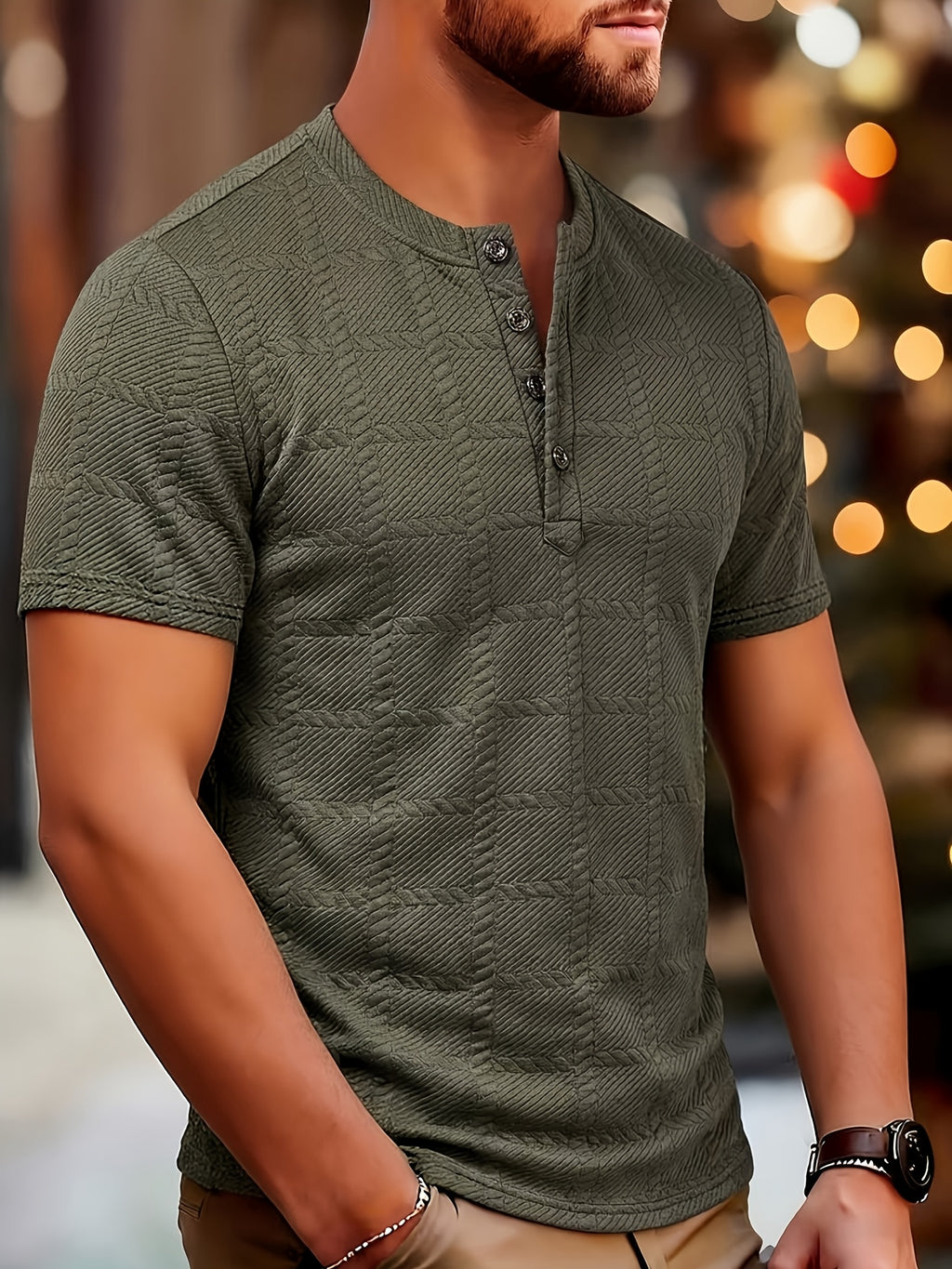 Men's Fashion Top, Spring/Summer Outdoor Textured Jacquard Fabric, Solid Color Crew Neck Single-Breasted Short Sleeve Henley Shirt - Olive Green