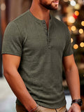 Men's Fashion Top, Spring/Summer Outdoor Textured Jacquard Fabric, Solid Color Crew Neck Single-Breasted Short Sleeve Henley Shirt - Olive Green