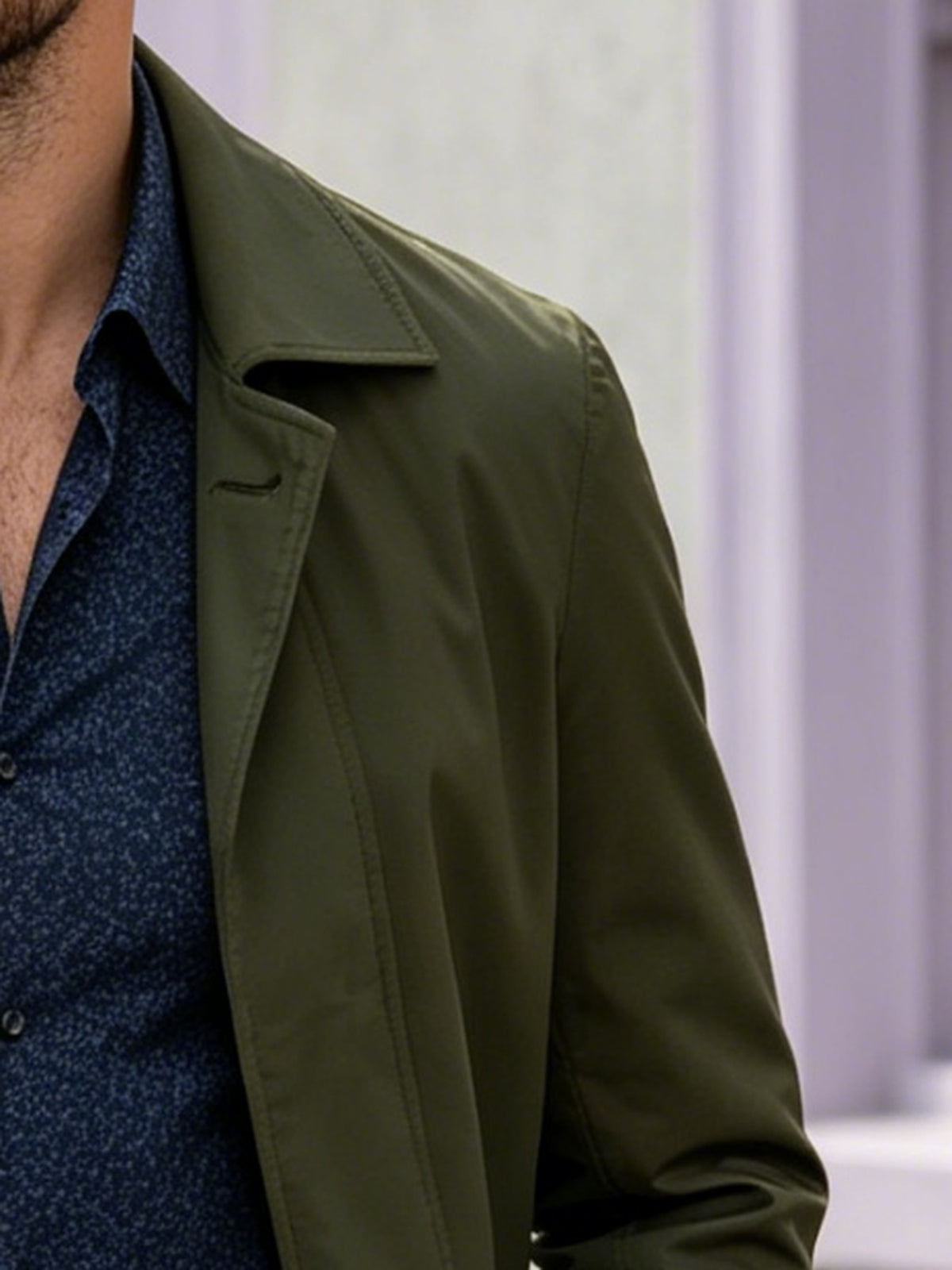Men's Mid-length Trench Coat with Lapel and Two-button Closure, a Business-casual Windproof Outerwear Jacket, Includes Gloves, Size P - Military Green