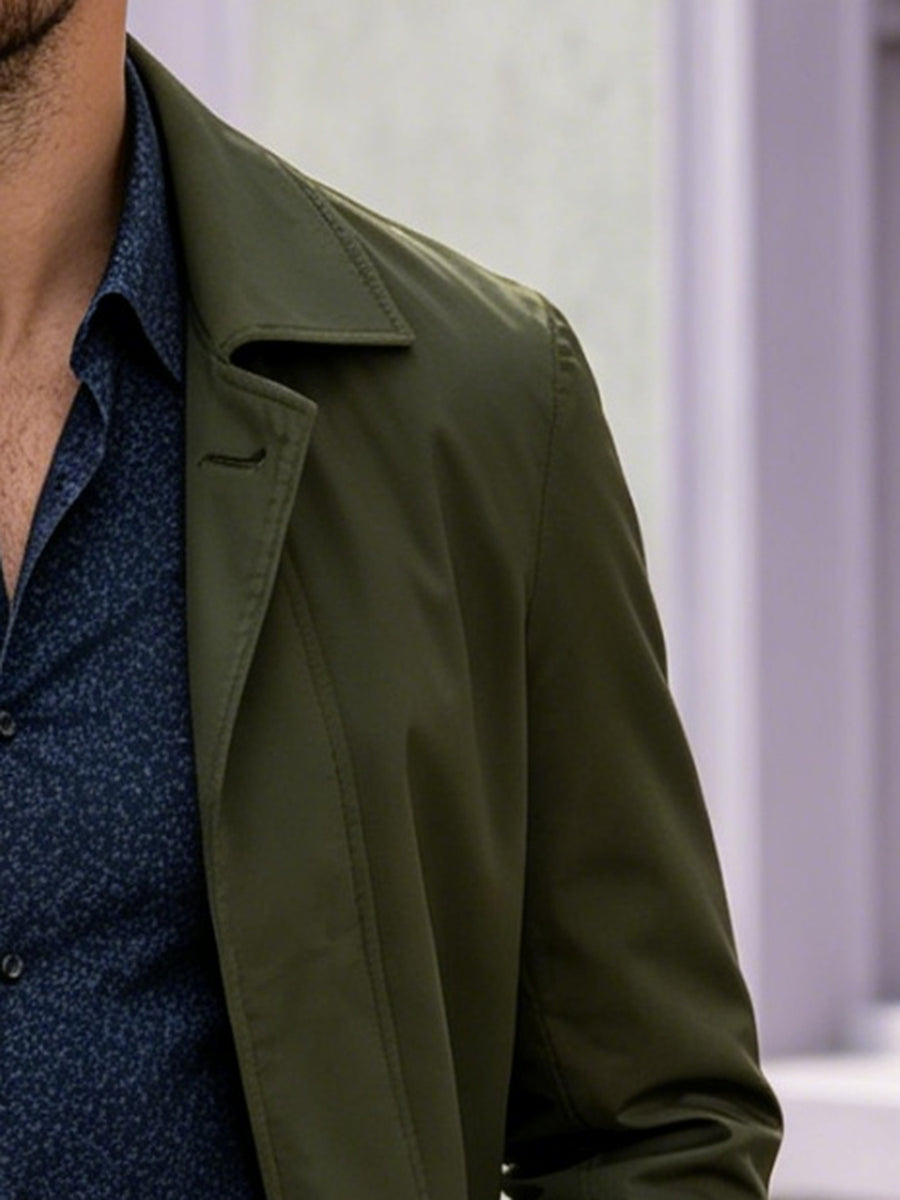 Men's Mid-length Trench Coat with Lapel and Two-button Closure, a Business-casual Windproof Outerwear Jacket, Includes Gloves, Size P - Military Green