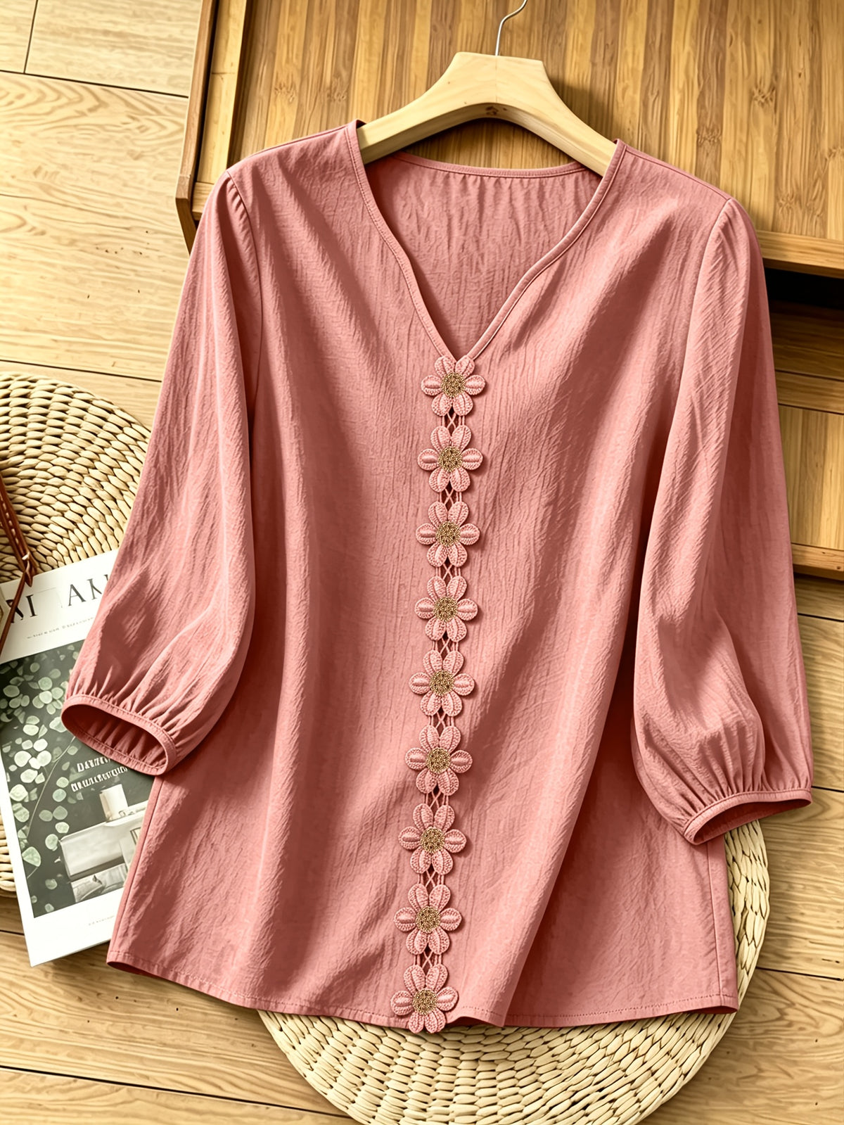 French-Style Gentle Textured Shirt with V-Neck, Lace Floral Design, Lantern Sleeves, Loose Fit, Relaxed Style, Versatile Daily Top - Peach