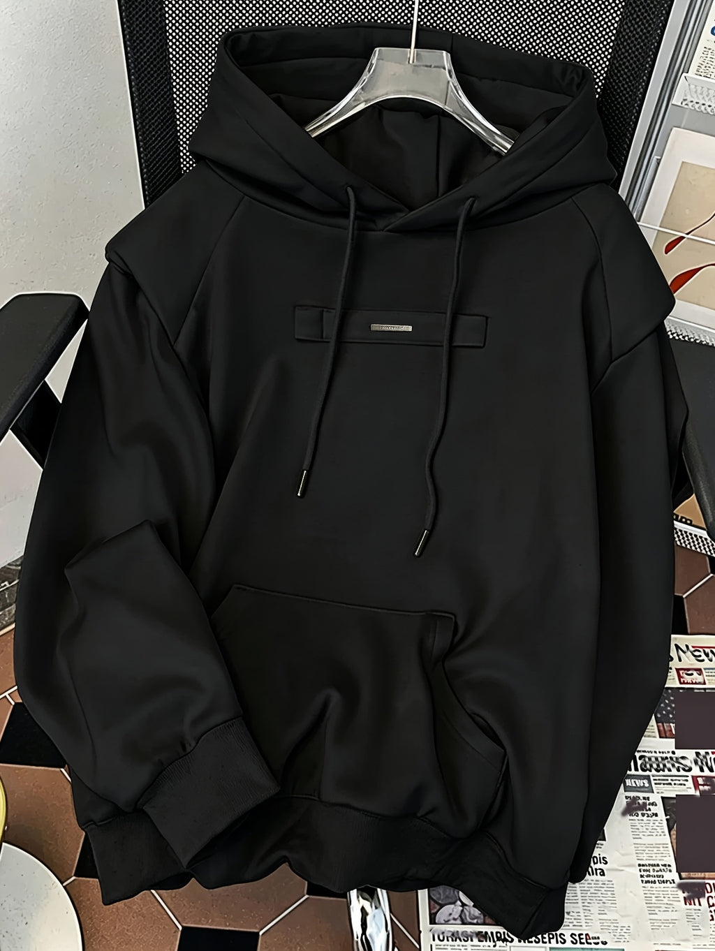 Men's Sweatshirt 2-in-1 Look Solid Color Men's Spring/Autumn New Arrival High-End Deconstructed Patchwork Hooded Loose Fit Versatile Top Sporty Casual Long Sleeve - Black