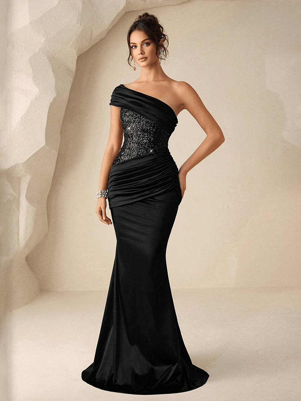 Women's Sequined Mermaid Trendy Style, Formal Evening Dress with One Shoulder, Ladies' Gorgeous and Elegant Celebration Gown, Valentine's Day Sequined Dress, for Graduation Ceremonies, Opening Ceremonies, Music Festivals, Birthday Parties - Black