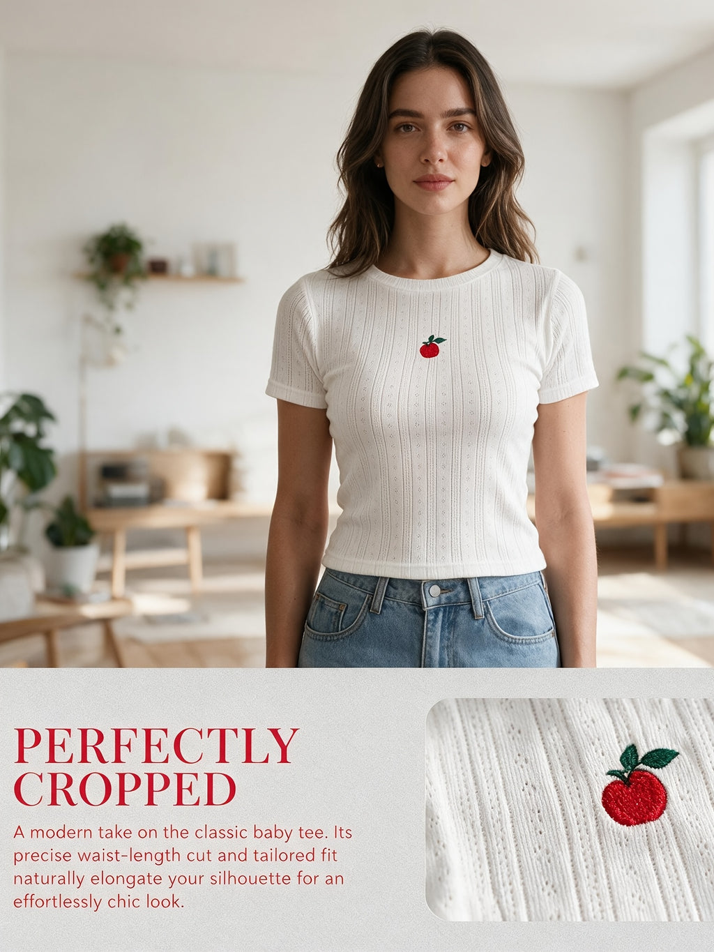 Y2K Sweet and Playful Style Women's White Strawberry Embroidered Cropped Slim-Fit T-Shirt, Featuring Hollow-out and Ribbed Design, Paired with a Round Neck and Short Sleeves, Suitable for Summer Daily Casual Wear, Dates, and Street Style - White