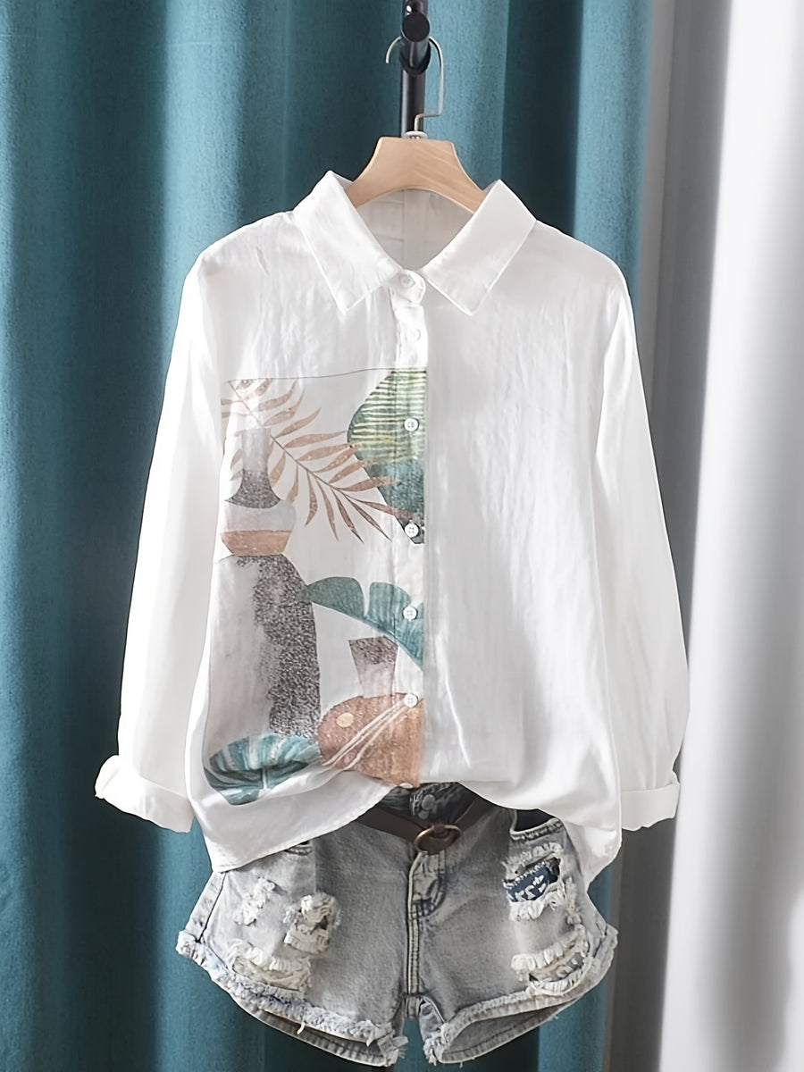 Fresh Literary Watercolor Ink Print Long Sleeve Shirt Women'S Spring Summer New Fashion Temperament Elegant Versatile Outerwear Top - White