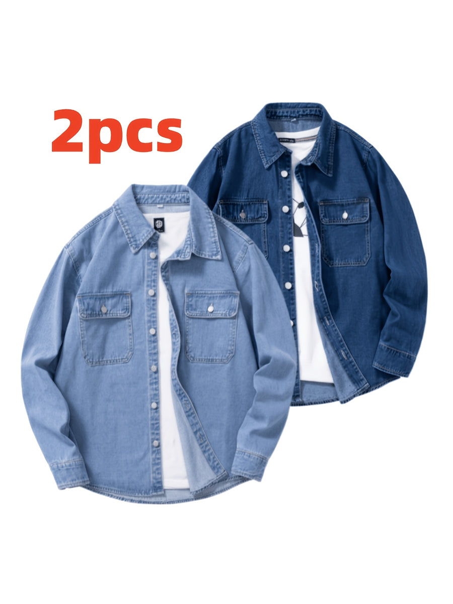 Men's Two-pc Non-Stretch Denim Shirts, Vintage Washed Workwear Long Sleeve Loose Fit Versatile Casual Jackets - Light Blue + Dark Blue
