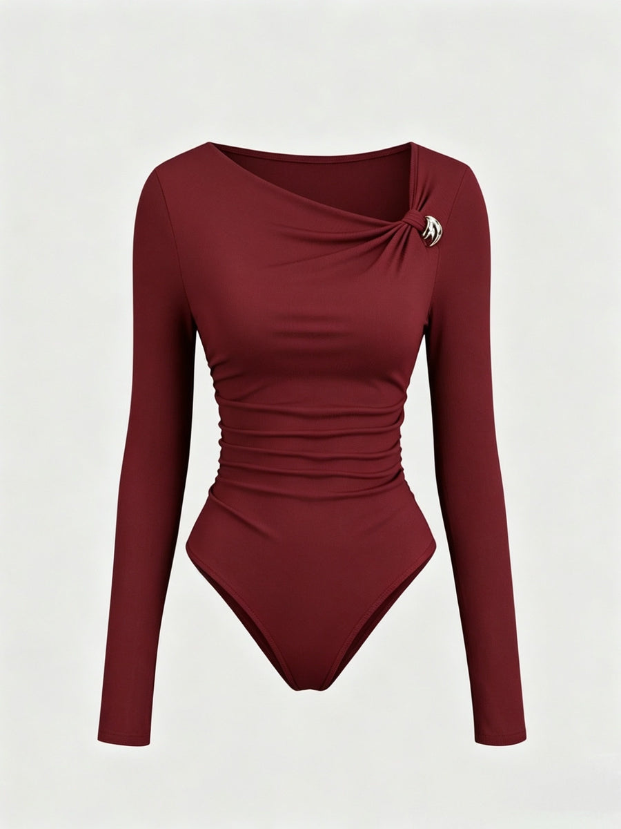Women's Retro American Style Neck Bodysuit - Long Sleeve Fitted Suitable for Autumn/Winter -Style for -body Types | Machine Washable Medium Stretch Bodysuit with Asymmetric Design & Solid Color (No Transparency) - Burgundy