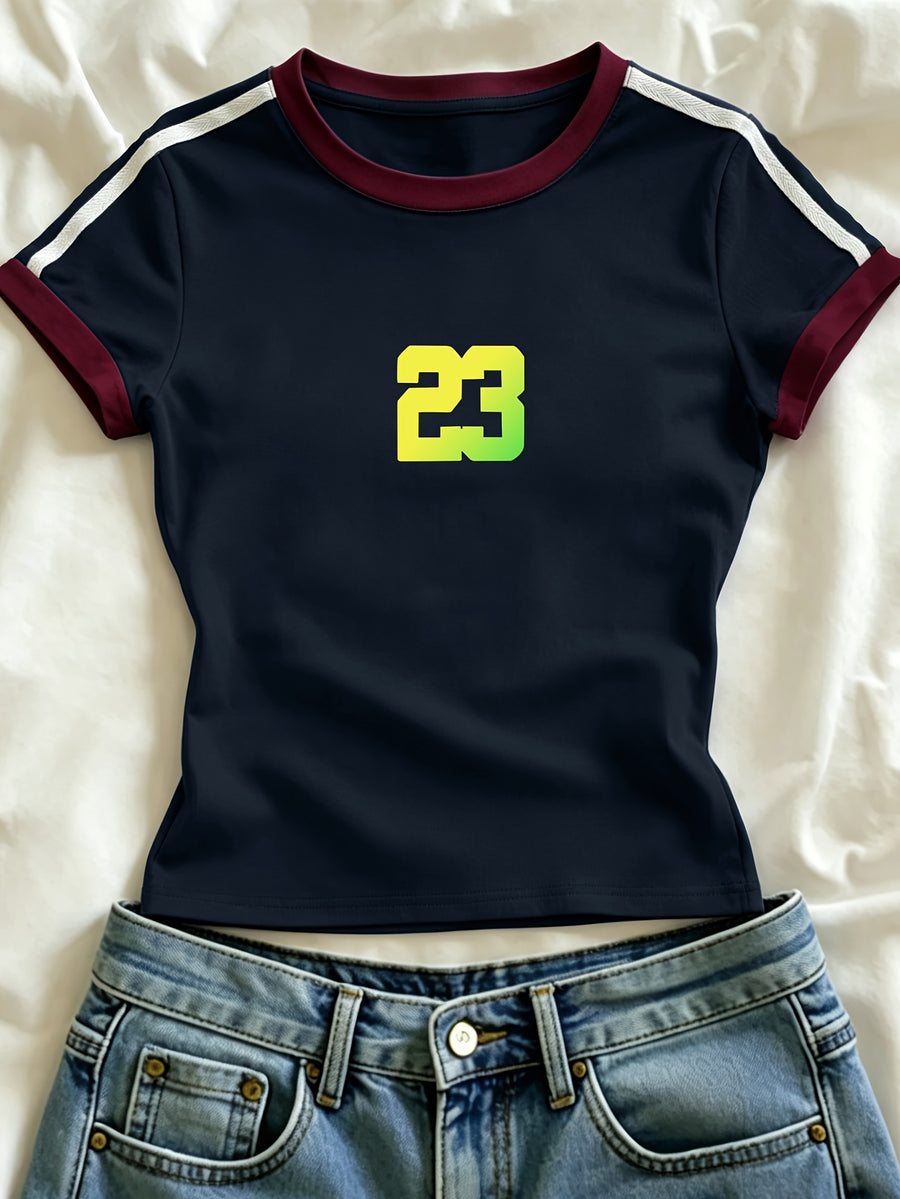 1pc Western Fashion Spring Summer Campus Style Square Shoulder Round Neck Contrast Slim Fit Women'S T-Shirt, Easy Number Pattern Women'S T-Shirt - Navy Blue 2
