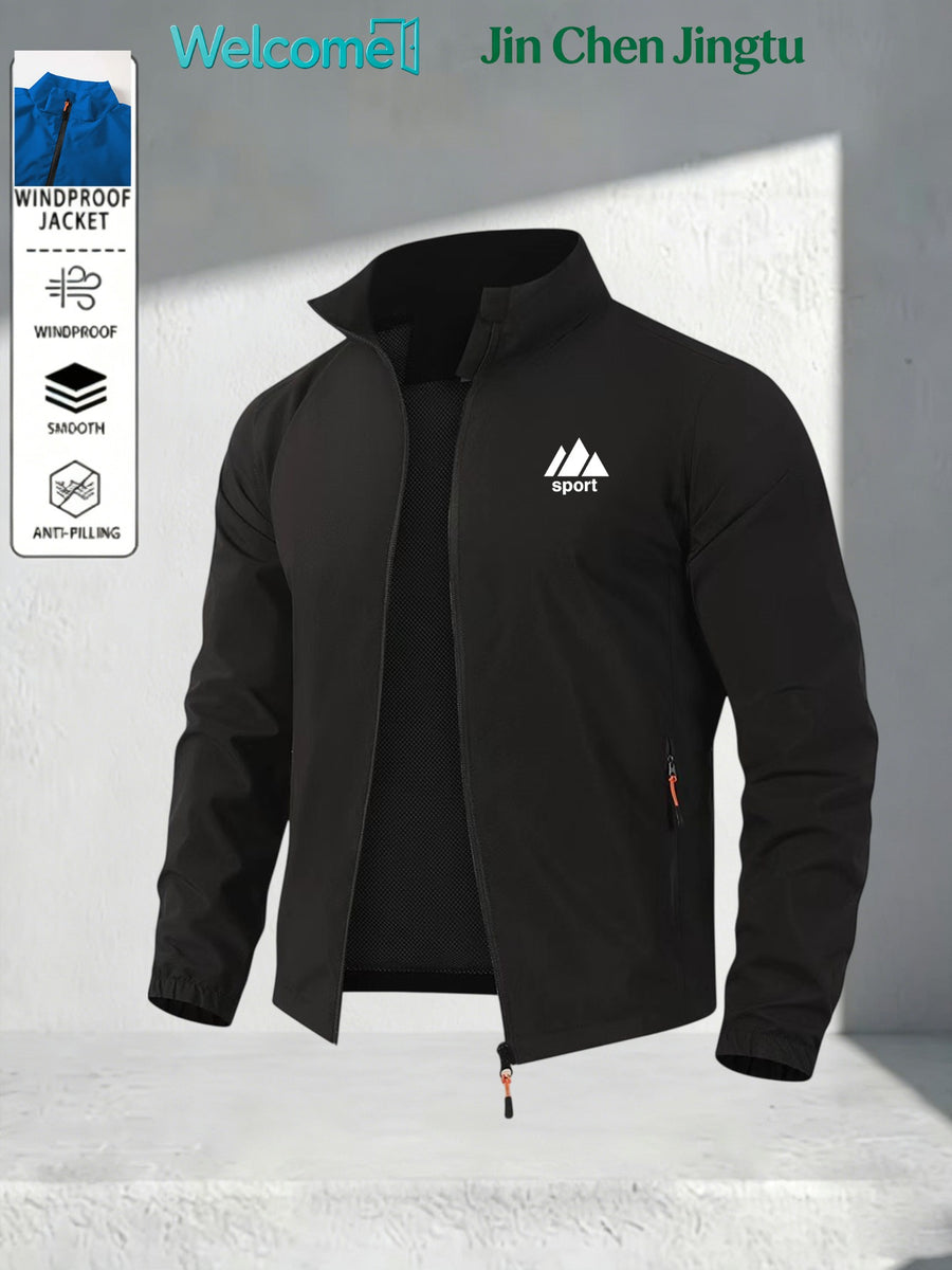 Men'S Triangle Mountain Sports Letter Print Stand-Up Collar Jacket, Anti-Pilling Smooth Lightweight Fabric, Casual Athletic Outerwear, Suitable for Daily Exercise And Commuting, Spring Fall Men'S Jacket - Black