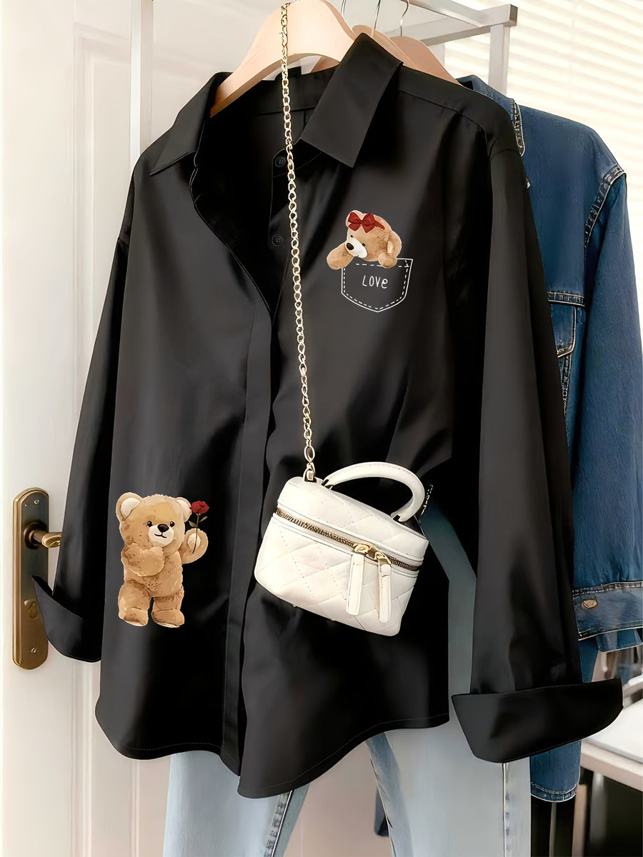 Gentle Girly Style Shirt with Pocket, Bow, Little Bear, and Rose Print, Long Sleeve Loose Fit Daily Commute Age-Reducing Cardigan Top - Black