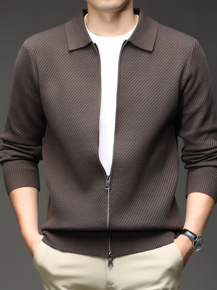 Xingfan Autumn/Winter Men's Long-Sleeve Open-Front Cardigan Lapel Business Casual Solid Color Chunky Knit Full-Zip Thickened Outerwear Jacket - Coffee Color