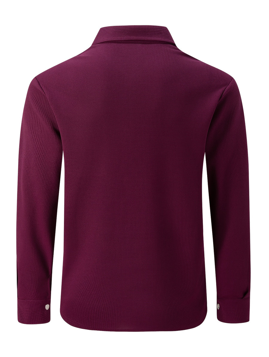 Mens Textured Waffle Shacket Collar Button Front Multi Pocket Long Sleeve Outerwear Top - Burgundy