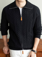 Men'S Lapel Jacquard Zipper Sweater, Casual Light Mature Style, Suitable for Commuting And Daily Outings; Can Be Worn Alone in Autumn/Winter, Also Works As a Layer Over T-Shirt - SINBOS, Knit - Black