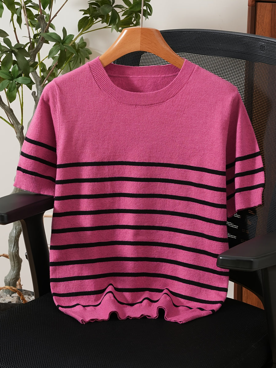 2026 New Women'S Summer Clothing Striped Short-Sleeved Top - Elegant Round Neck Color Block Design, Breathable Spring/Summer Casual/Formal Wear, Versatile Slim Fit T-Shirt, Everyday Fashion - Rose Red