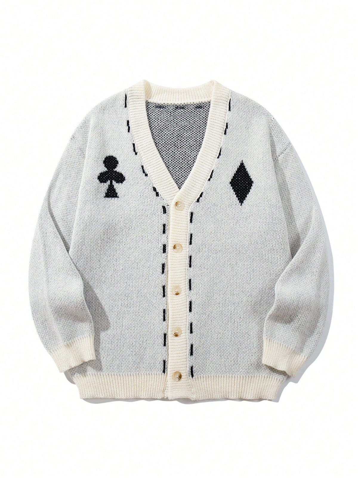 1pc Men's Rhombus Color-Block Cardigan Sweater, Knitted Cardigan Jacket with Playing Card Elements, V-Neck, Fun and Casual, Regular Fit for Autumn/Winter, Daily Outerwear Top for Going Out - Apricot