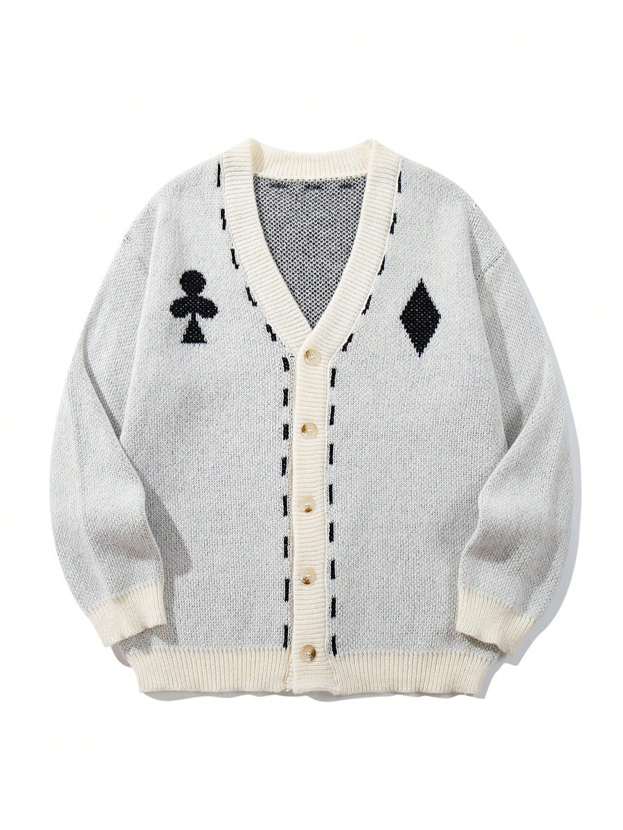 1pc Men's Rhombus Color-Block Cardigan Sweater, Knitted Cardigan Jacket with Playing Card Elements, V-Neck, Fun and Casual, Regular Fit for Autumn/Winter, Daily Outerwear Top for Going Out - Apricot