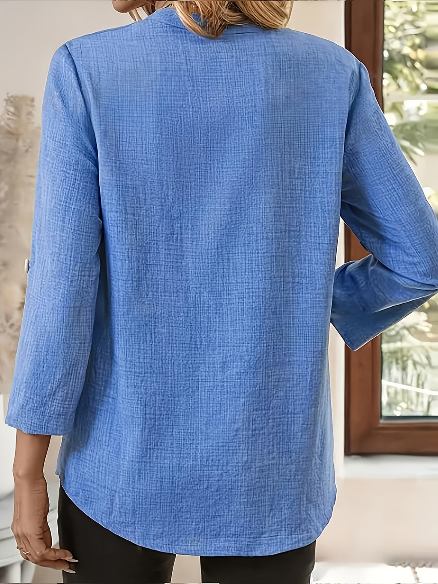Women'S V-Neck Short Sleeve Shirt, Universal Casual Blouse Top - Royal Blue