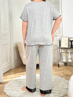 European and American Style Plus-Size Women's Pajamas, Polka Dot Print Lace Patchwork Short Sleeve and Long Pants, Casual Loungewear Set - Multicolor