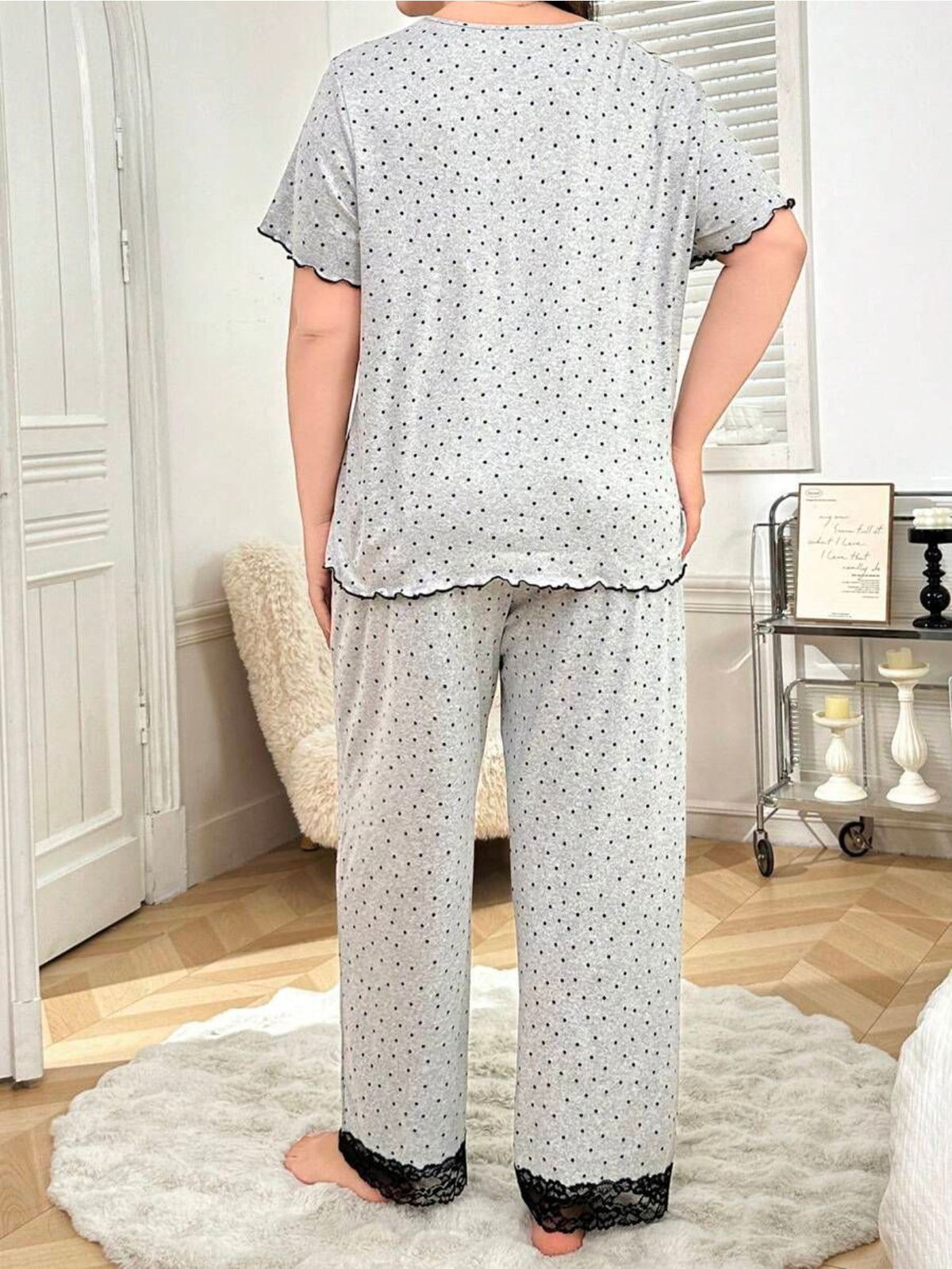 European and American Style Plus-Size Women's Pajamas, Polka Dot Print Lace Patchwork Short Sleeve and Long Pants, Casual Loungewear Set - Multicolor