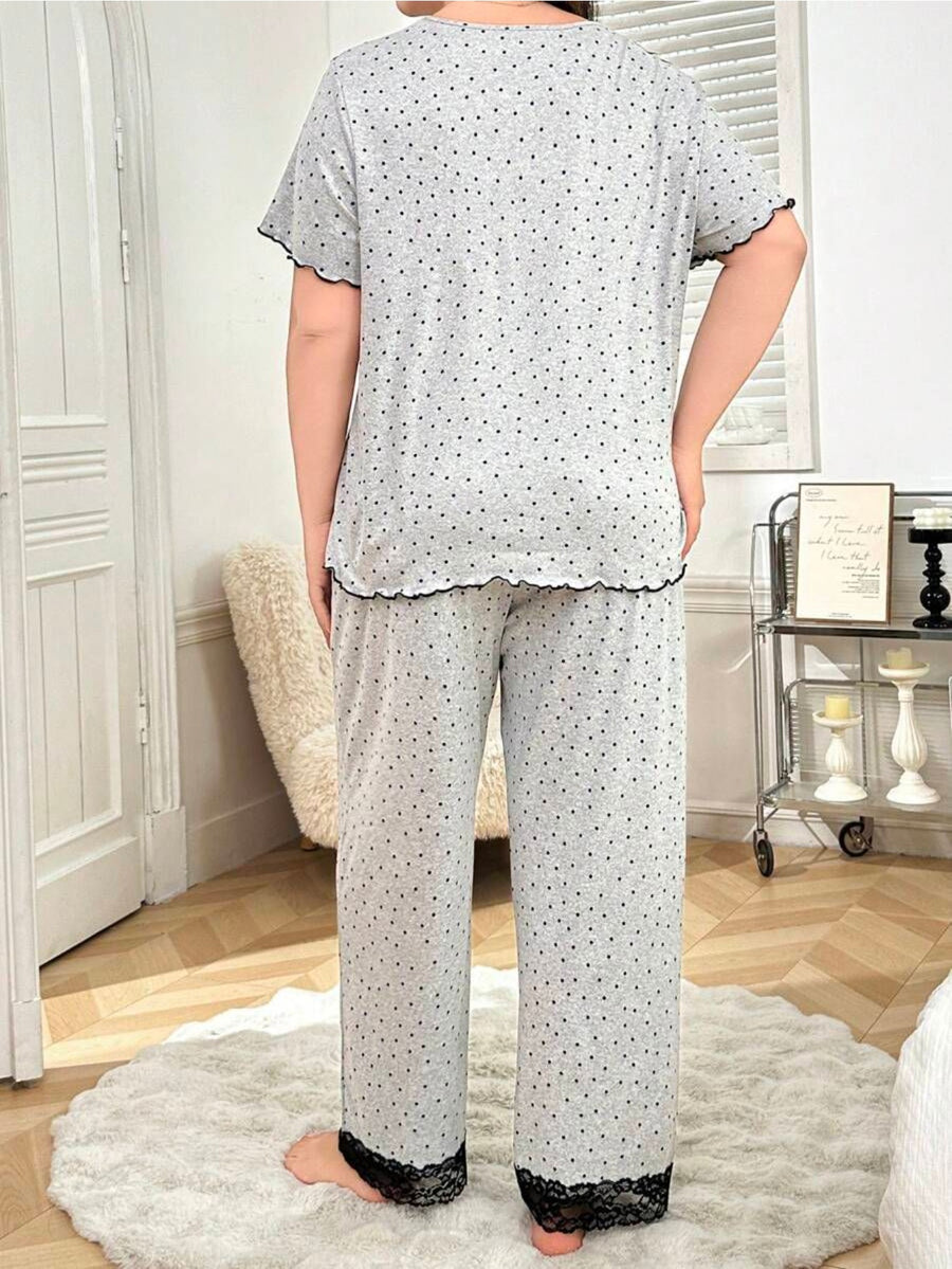 European and American Style Plus-Size Women's Pajamas, Polka Dot Print Lace Patchwork Short Sleeve and Long Pants, Casual Loungewear Set - Multicolor