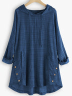 Casual Long-Sleeve Hooded Shirt, Asymmetrical Top, Stylish Plaid Blouse, Autumn Waist-Tied Outerwear for Women, Elegant Long-Sleeve Drawstring Shirt - Blue