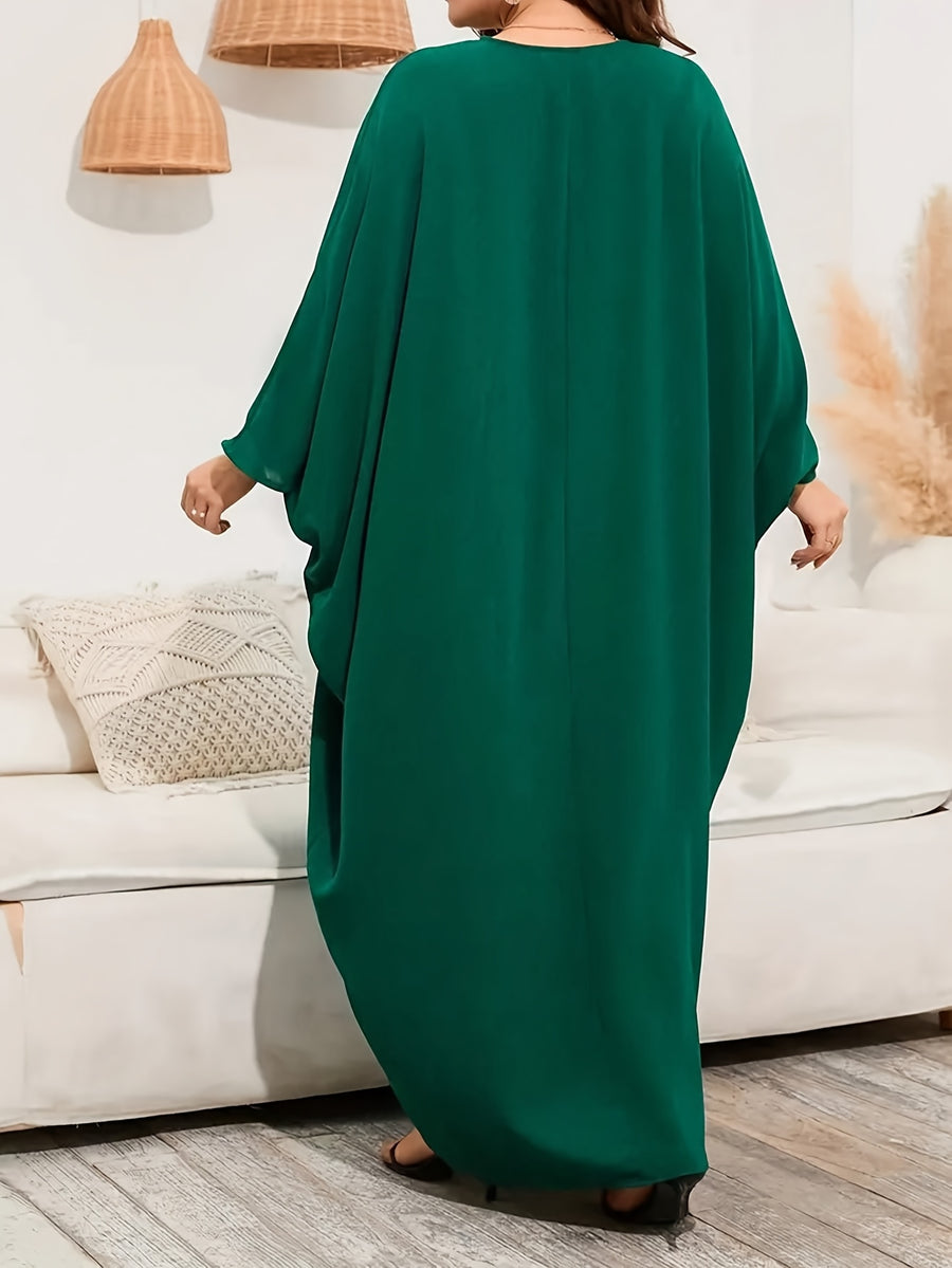Ramadhan Solid Color Batwing Sleeve Kaftan Dress, Elegant Flat Laptop Maxi Dress, Womens - Green