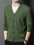 Autumn Winter Knit 3D Solid Color V-Neck Sweater, Basic Knit Cardigan for Men, Fashionable Long Sleeve Sweater, Cangyuan Y - Green