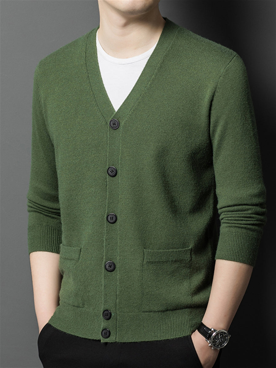 Autumn Winter Knit 3D Solid Color V-Neck Sweater, Basic Knit Cardigan for Men, Fashionable Long Sleeve Sweater, Cangyuan Y - Green
