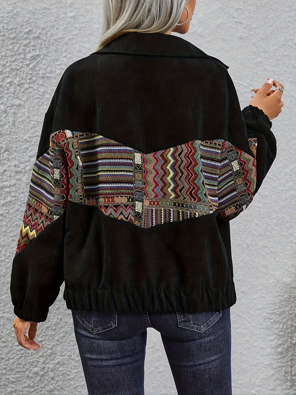 Patchwork Ethnic Style Long Sleeve Lapel Casual Jacket Women'S - Black