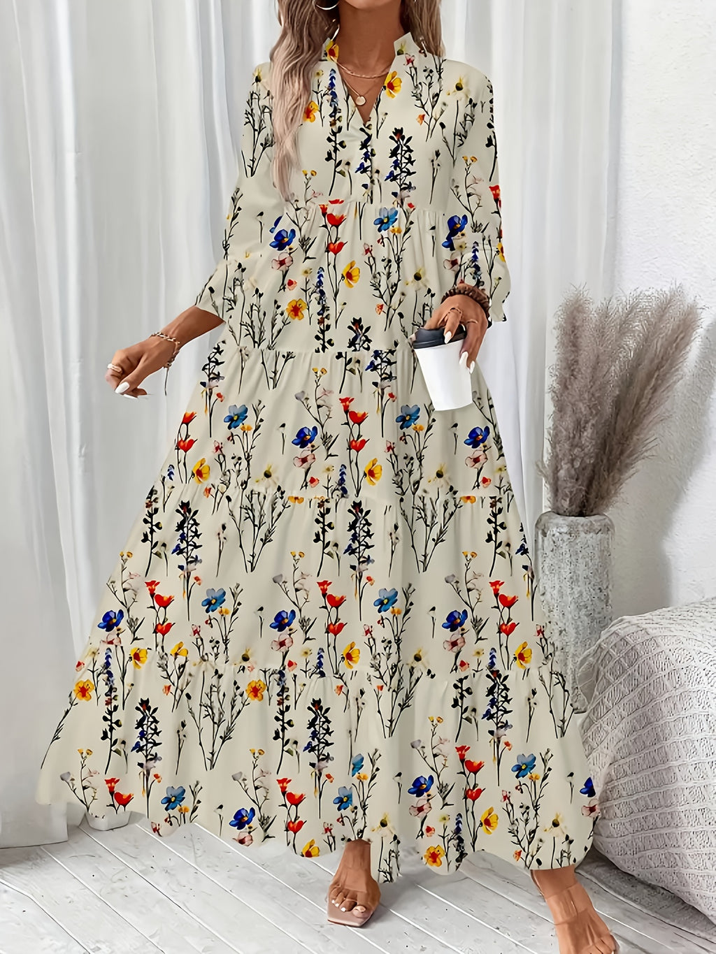 Directional Floral Print V-Neck Pleated Long-Sleeve Dress - Mixed colors