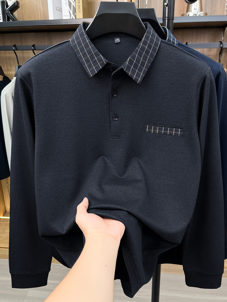 Men's Long-Sleeve Plaid Lapel Polo Shirt for Spring and Autumn, Dad Style Top - Grey