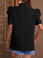 Spring And Summer New Solid Color Lantern Sleeve Jacket with Single Button Short Sleeves And Faux Pocket Suit. - Black