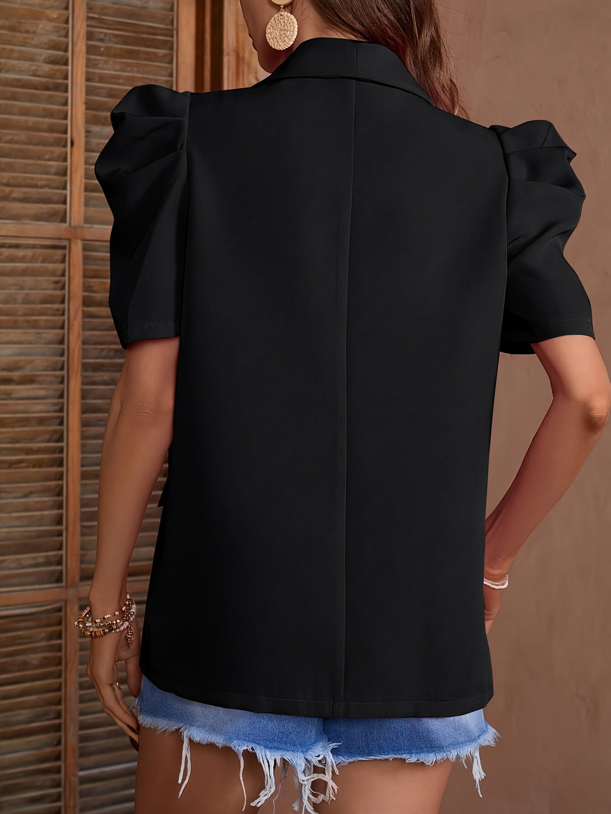 Spring And Summer New Solid Color Lantern Sleeve Jacket with Single Button Short Sleeves And Faux Pocket Suit. - Black