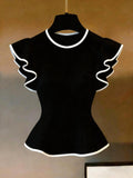 Women's Fashion New Arrival Round Neck Ruffle Short Sleeve Top, Slim Fit with Contrast Trim on Sleeves and Hem, Suitable for Daily Casual and Commuting - Black