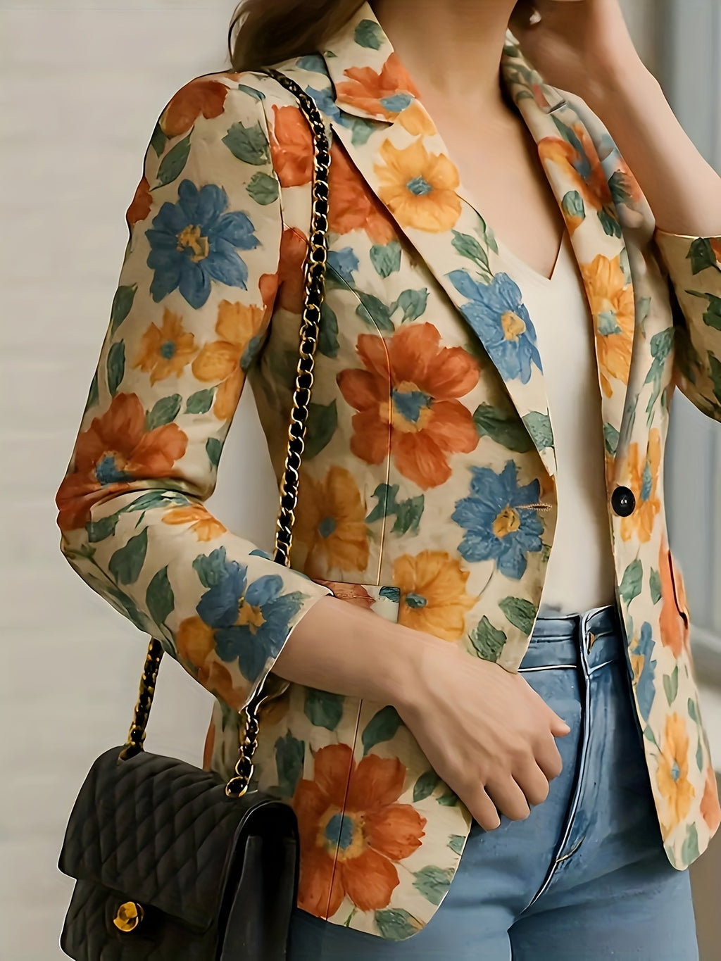 Elegant Floral Printed Blazer for Women - a Single-Breasted Shawl Collar Jacket Featuring Vibrant Orange, Yellow, And Blue Flowers, Tailored Fit with Long Sleeves, Versatile for All Seasons, Suitable for Both Office And Casual Occasions - Multicolor