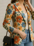 Elegant Floral Printed Blazer for Women - a Single-Breasted Shawl Collar Jacket Featuring Vibrant Orange, Yellow, And Blue Flowers, Tailored Fit with Long Sleeves, Versatile for All Seasons, Suitable for Both Office And Casual Occasions - Multicolor