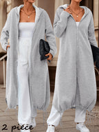 2pcs Women'S Long Hooded Zipper Sweatshirt Coat, Women'S Autumn Winter Loose Lazy Style Drawstring Waist-Cinching Cardigan Coat - Retro Long Zipper Jacket - Gray + Gray
